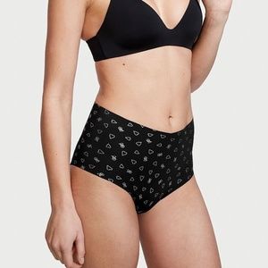 Victoria's Secret No Show Shimmer Midi Brief Panty Black w Foil Hearts Small NEW